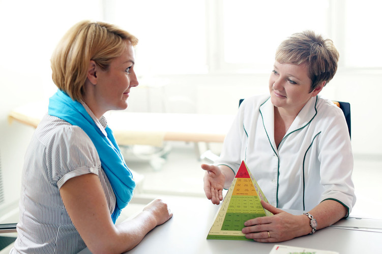 Ženska s kratkimi lasmi in belimi oblačili prikazuje piramido s prehranskimi podatki drugi ženski, ki nosi modro šal in strmo pogleda. Obe se nahajata v svetli pisarni, kar ustvarja prijetno vzdušje za razgovor.